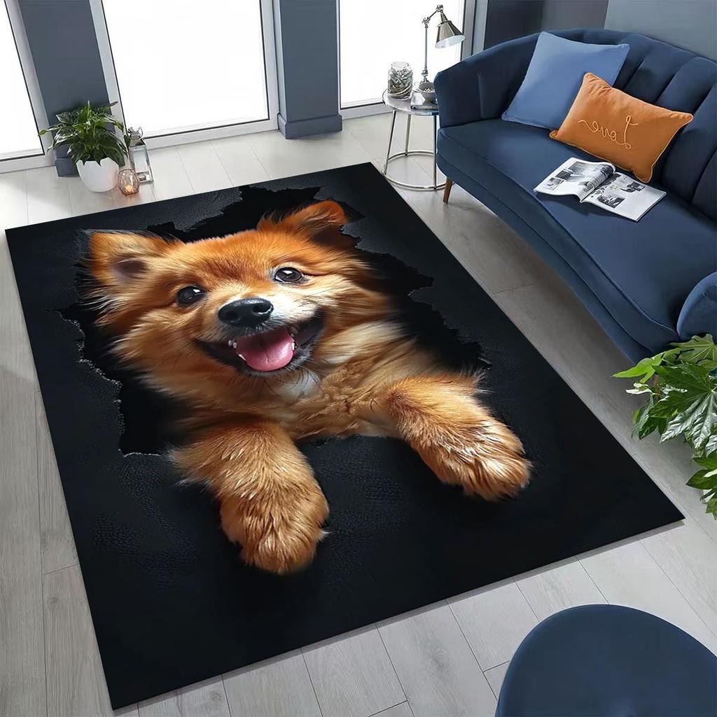 Tapete Fofo Cão Filhote Quebrando a Parede Ilusão 3D para Quarto Sala de Estar Sofá Casa Capacho Decoração, Tapete Grande Antiderrapante para Brincar de Crianças