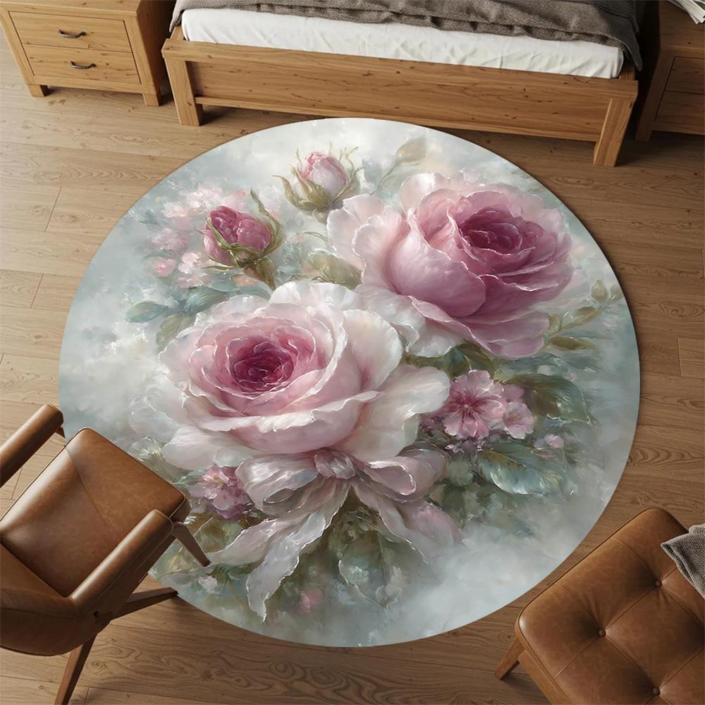 1pc Rose Bouquet Round Chair mat Area Rug - Non-Slip, Floor Mat for Office, Bedroom, home decor Christmas Gift-1002332
