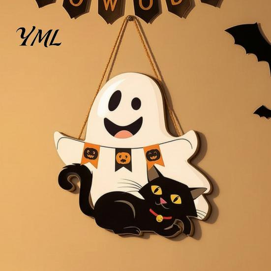 Rustic Autumn Party Decorations Cute White Ghost Wooden Door Hanger Sign with Black Cat BOO Farmhouse Halloween Porch Banner, Waterproof Front Plaque