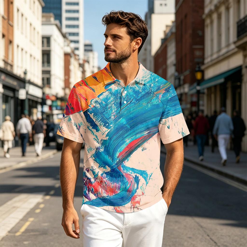 Men Short Sleeve Polo Shirt Lightweight Cotton Linen Breathable Gradient Print Casual Lapel Top for Summer Outfits