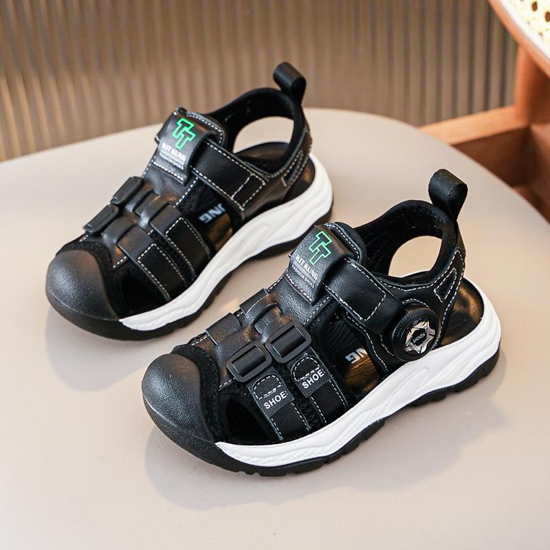 

Summer Lightweight Boys Closed Toe Sandals, Anti-collision Soft Sole Cowhide Leather Beach Shoes 26 чёрный