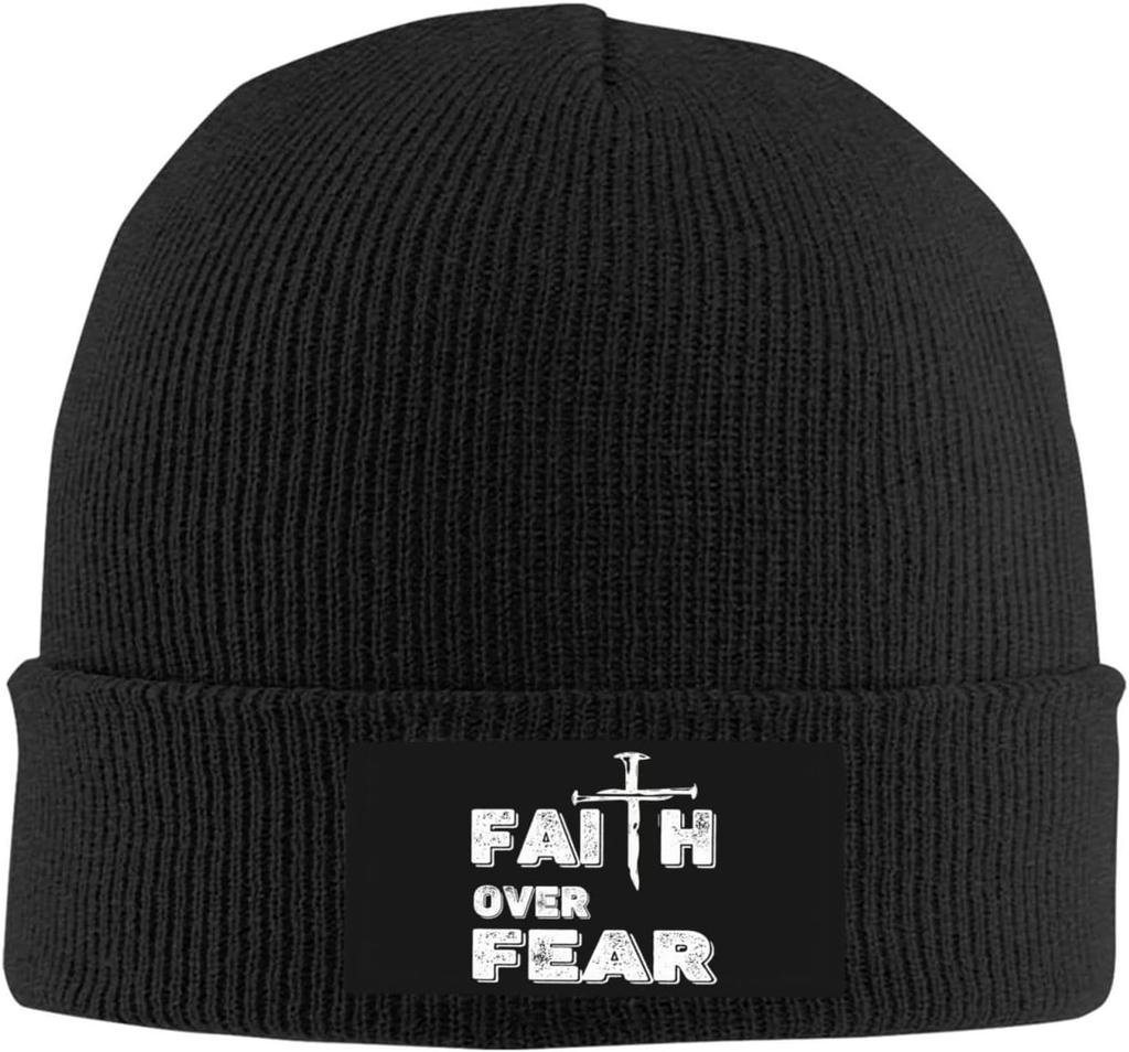 Black Knitted Beanie with Faith Over Fear  Cross Patch Religious Inspirational Winter Warm Skull Cap for Unisex Women