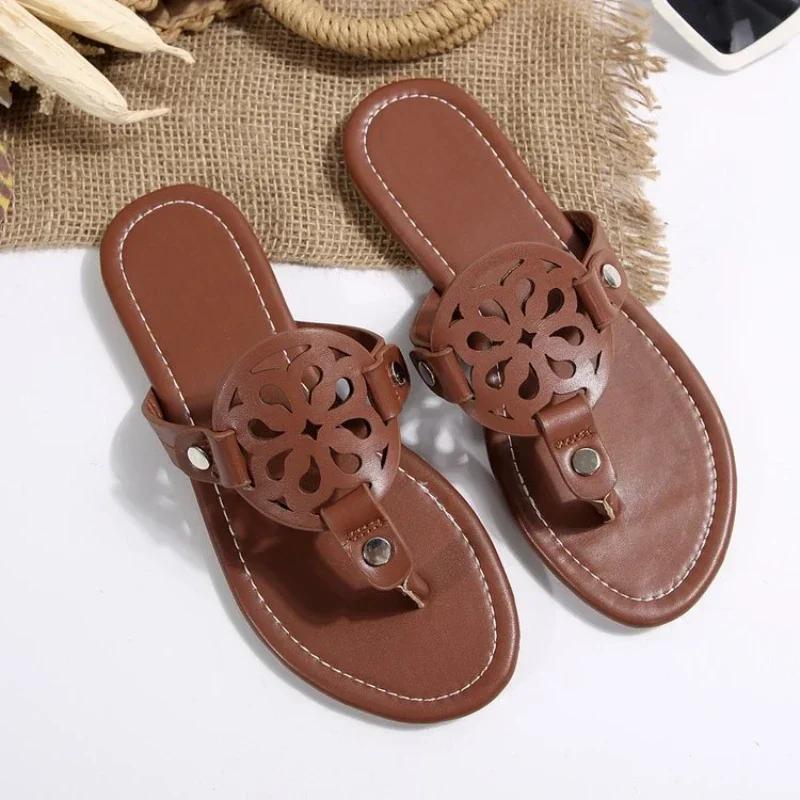 

2024 Женские летние новые модные дизайнерские нескользящие сандалии на плоской подошве с открытым носком для отдыха на пляже 35 коричневый