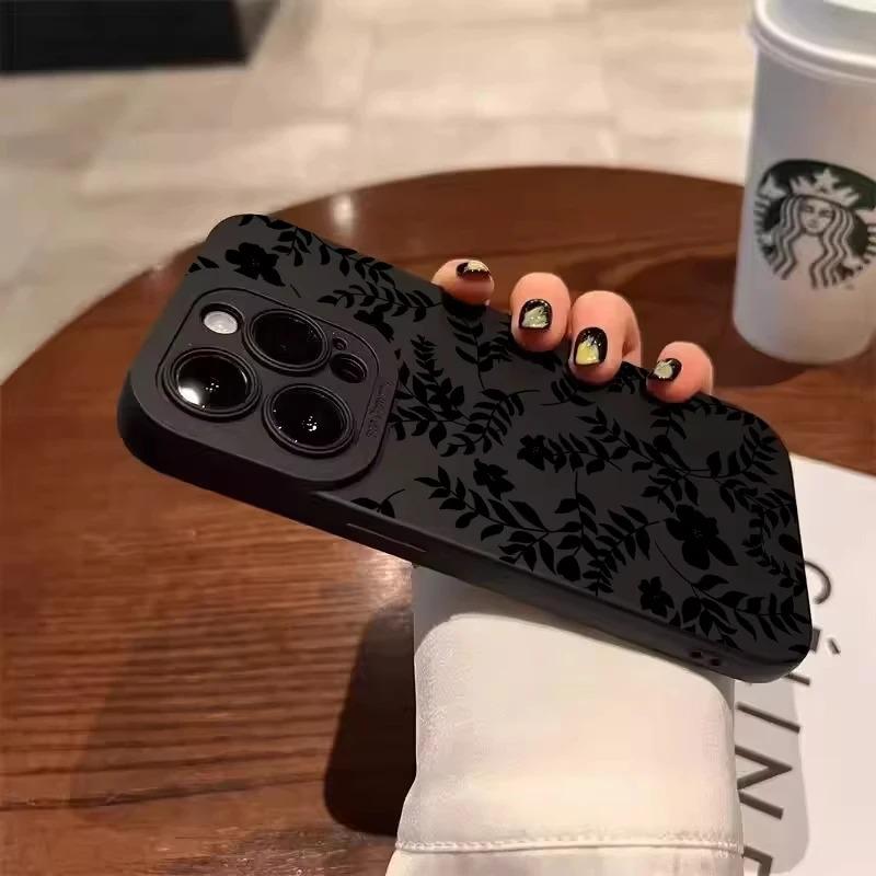 Simple Rose Pattern Print Black Soft Phone Case For iPhone 17 Air 16 Cases iPhone 15 Pro Max 16E 14 12 13 11 XS XR X 7 8 Plus