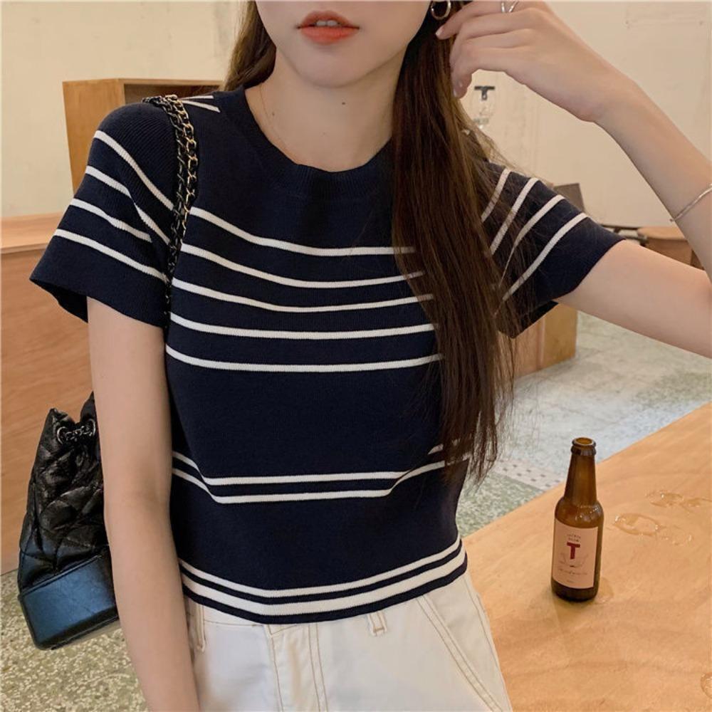 Îmbrăcăminte Femei Modă Tricouri Tricotate cu Dungi Mânecă Scurtă Vară Casual Versatile Gât Rotund Subțire Top Doamnă Birou Vintage Tricouri