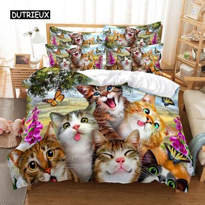 Parure de lit 2/3 pièces avec housse de couette et motif chat pour enfants et filles, motif chat mignon, pour lit simple, double, queen size ou king size