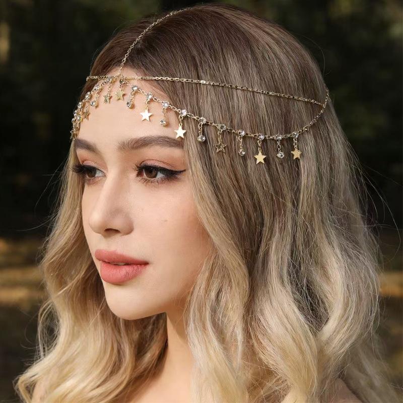 Fashion Bride Crystal Pendant Tassel Hair Chain For Women Exquisite Metal Geometric Multilayer Thin Head Chain Wedding Jewelry