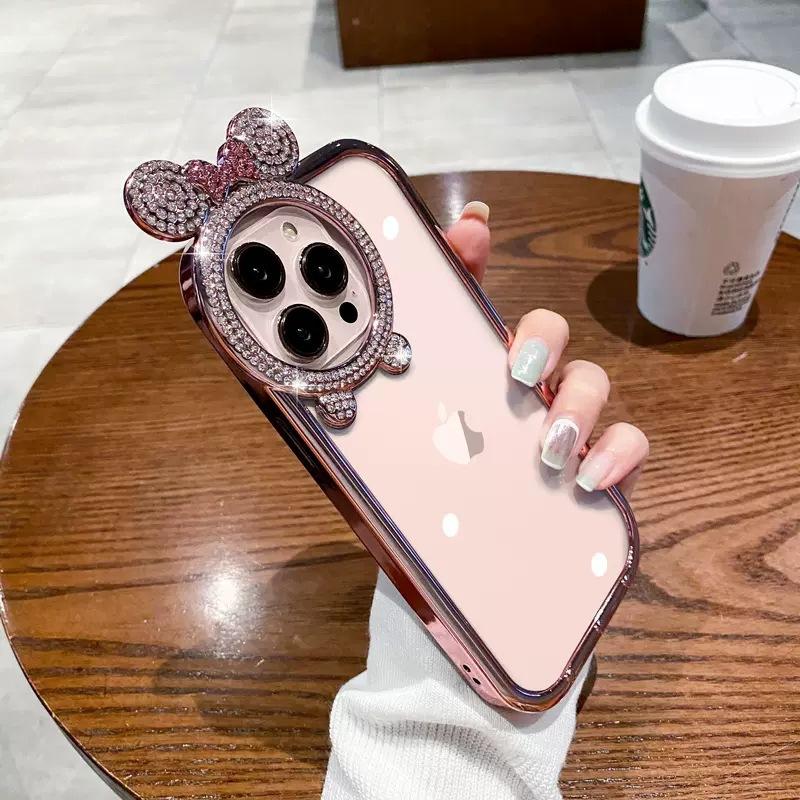 Applicable To IPhone 15pro Mobile Phone Case with Diamond Round Lens Electroplated Apple 14 Silicone 13 Drop Protection Case