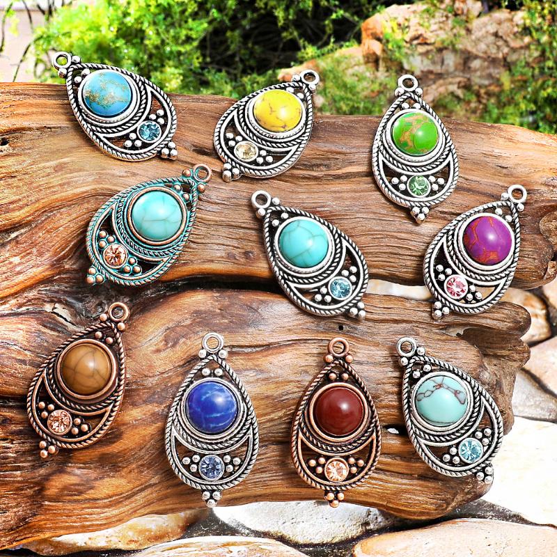 2Pcs Vintage Ethnic Bohemia Stone Setting Pendants For Women Earrings Necklaces Charms For Diy Making Jewelry Accessories