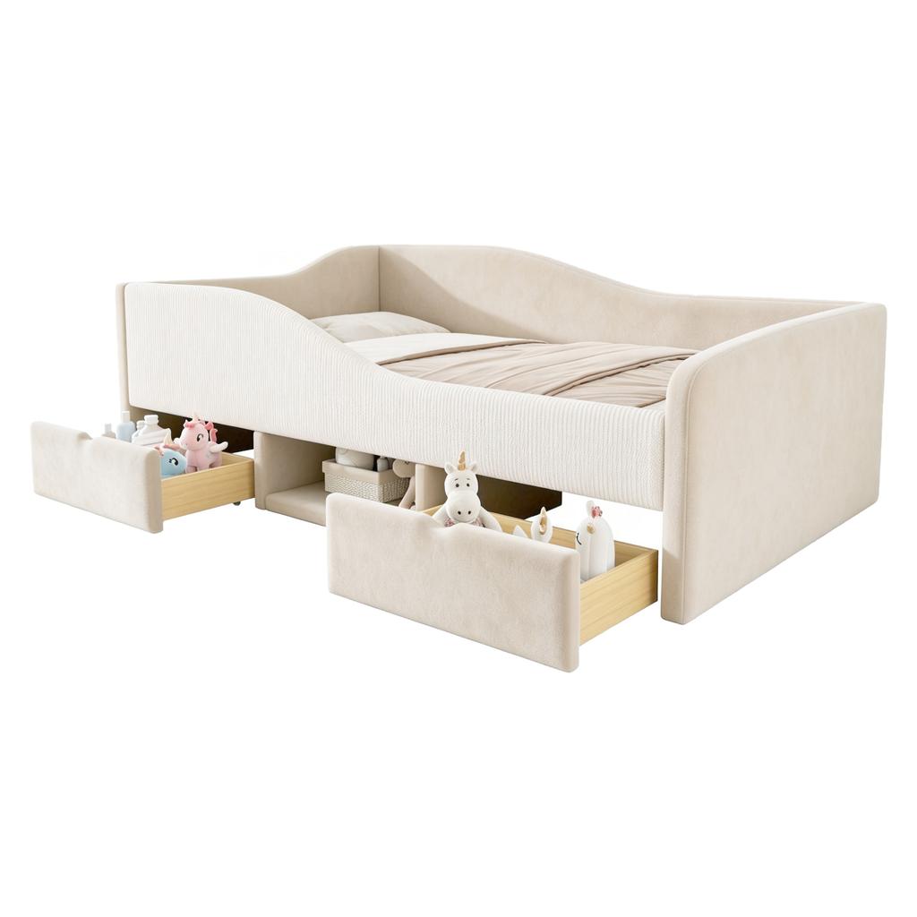 Upholstered Bed Children's Bed 90*190, Multifunctional Bed With Two Drawers and Fences, Skin-friendly Velvet Fabric, Without Mattress Beige