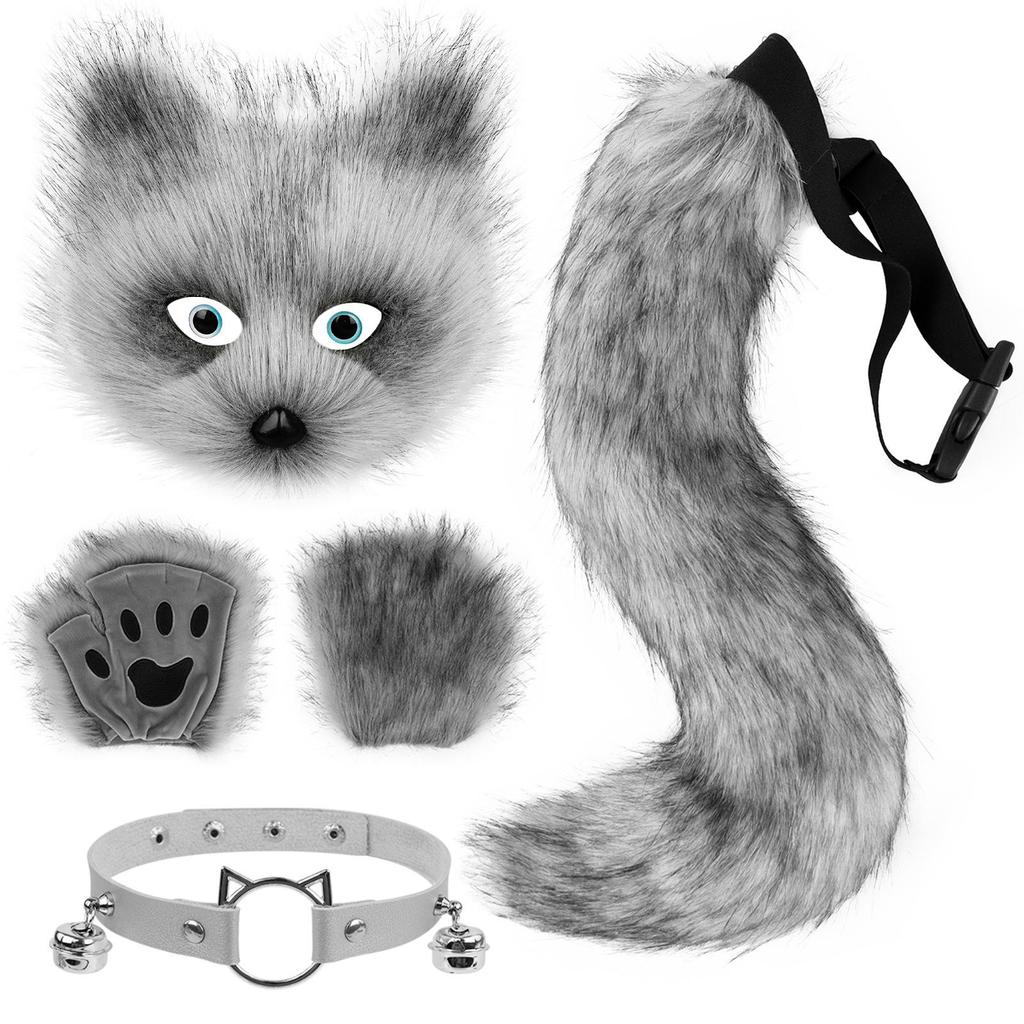 Halloween Fox Mask & Gloves with Plush Tail and Collar Set for Cosplay