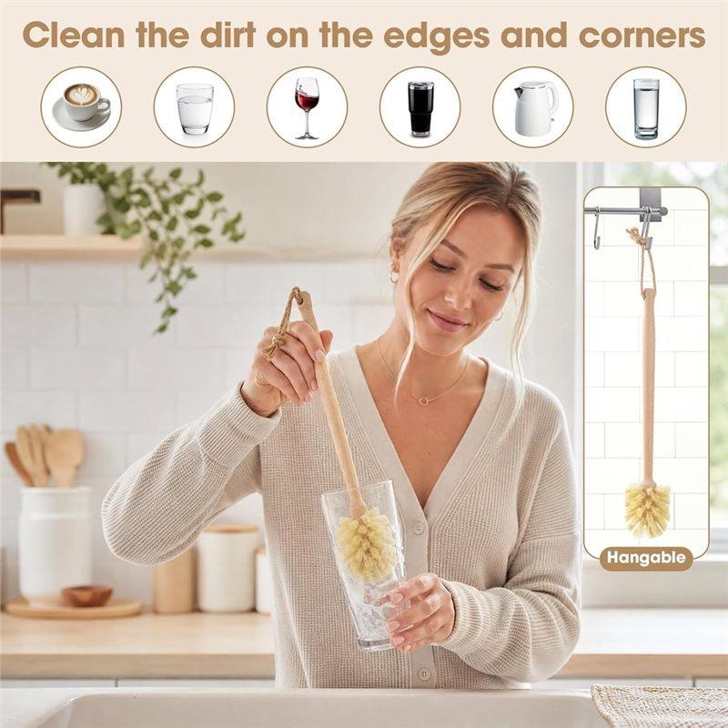 ABYN-6 Pack Bamboo Dish Brush & Sponge Set, Wooden Handle Kitchen Scrub Brushes, Multi-Purpose Dishwashing Cleaner