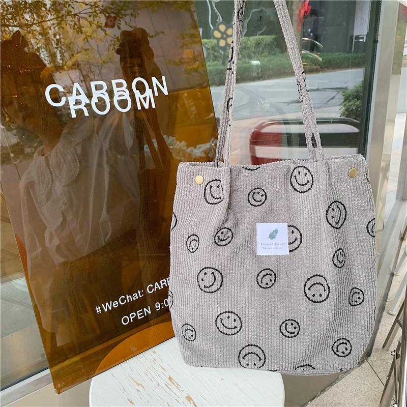 Fashionable Corduroy Smiley Face Tote Bag For Students And Daily Use