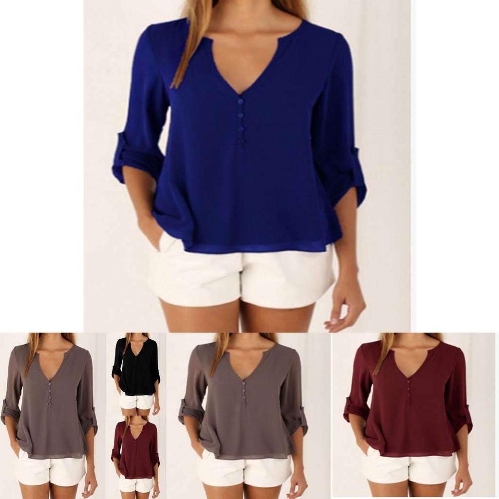 Women Casual Sexy Deep V Neck Chiffon Blouse Shirt With Slim Waist And Long Sleeves