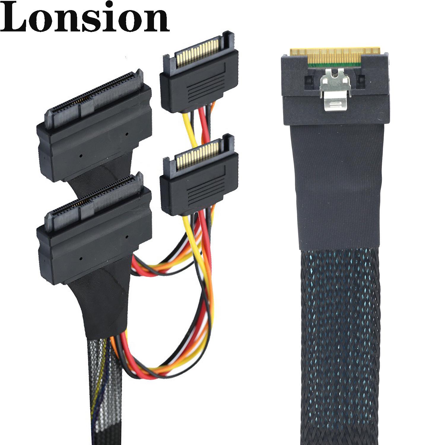 

Slimline Anti-Tilt SFF-8654 8i to Dual SFF-8639 U.2 + 15P Cable 0.5m