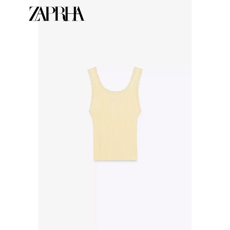 Zaprha 2025 New Arrival Sexy Silm Sleeveless Cotton Lace Bowknot Decoration Rib T-shirt Female 0858317