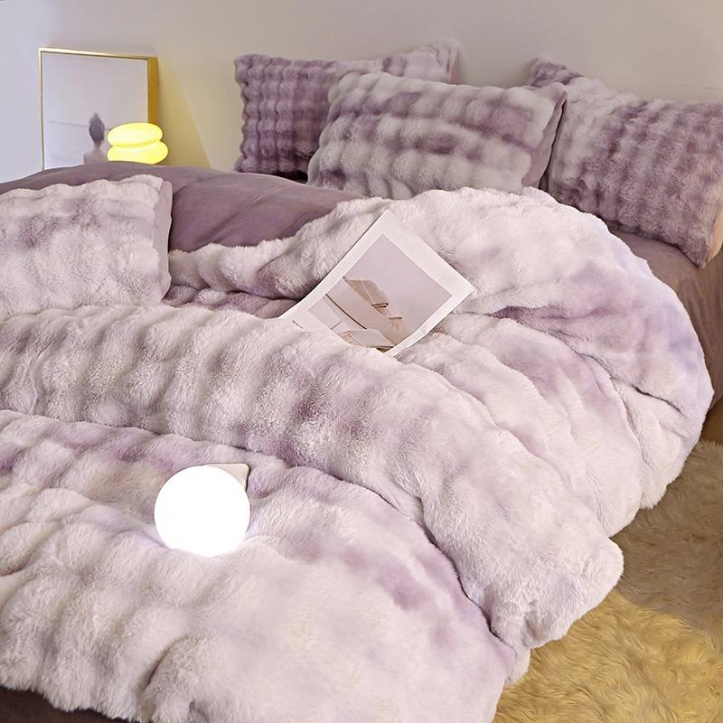 Light Luxury Rabbit Fleece Thickened Milk Fleece Four-Piece Set, Bed Sheet Quilt Cover Three-Piece Set, Bedding, Bed Hat Model