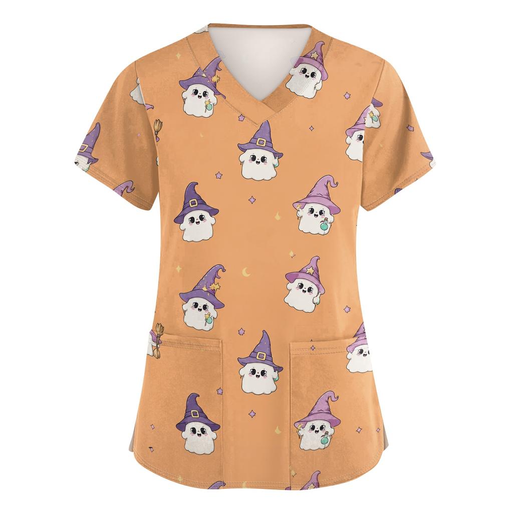 Women's V-Neck Short Sleeve Scrub Top with Pockets, Halloween Print Work Shirt for Clinic and Daily Wear