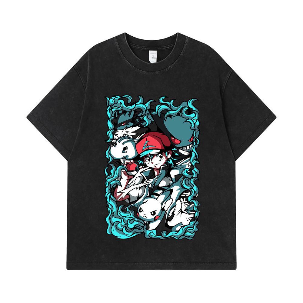275 GSM Washed T-shirts 100% Cotton Pokemon V26 Print Unisex Heavy Cotton T Shirt