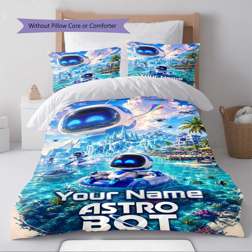 Name Custom Astro Bot Pattern Bedding Set Quilt Cover Pillowcase Home Decor Gift (1 * Duvet Cover + 2 * Pillowcase, Without Core)