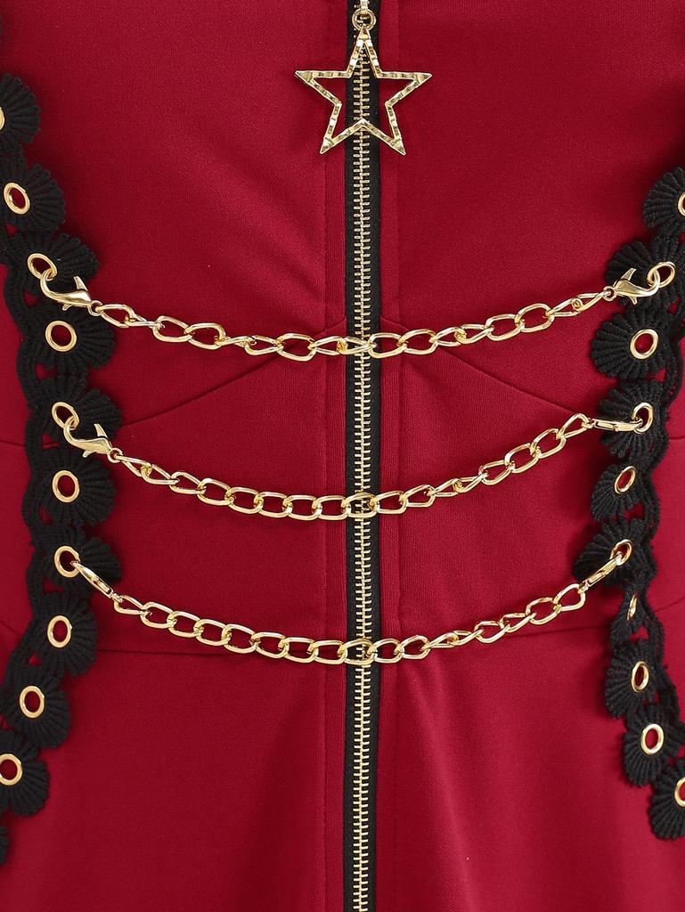 Rosegal Plus Size Pentagram Zipper Lace Trim Grommets Hooded Coat