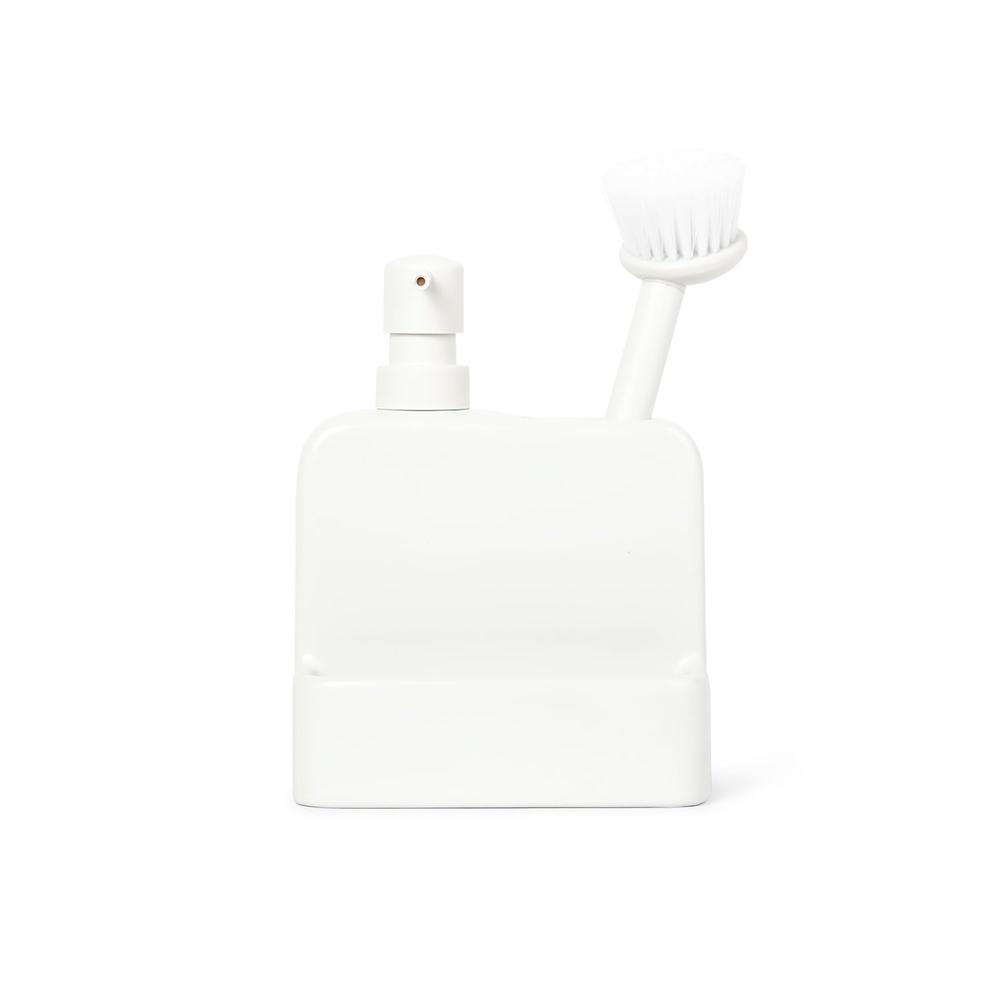 Ceramic Liquid Soap Pump with Built-in Brush Caddy Multi-Purpose Dispenser Kitchen and Bathroom Heavy Duty Easy One-Handed Use