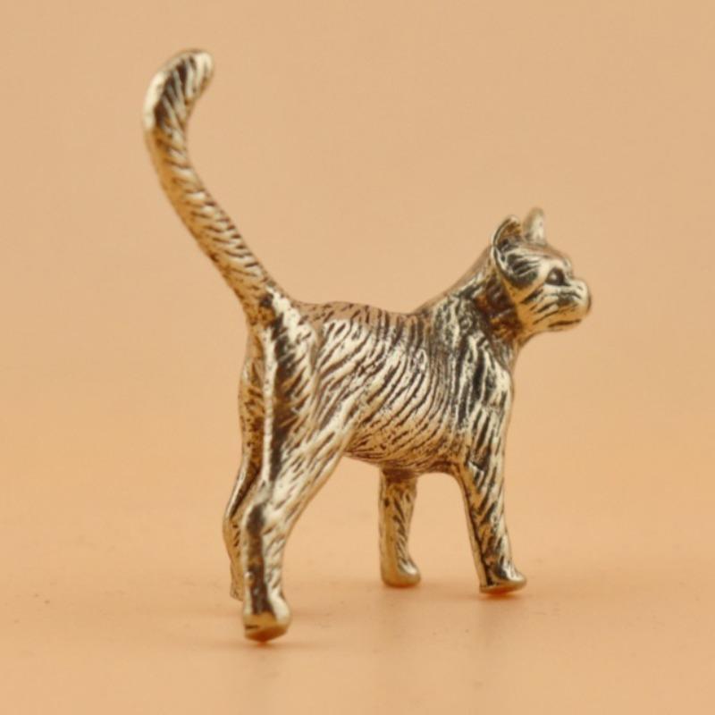Retro Cat Brass Ornament Creative Long Tailed Cat Desktop Tea Pet Micro Carved Crafts Home Decoration Countryside Cat Ornament
