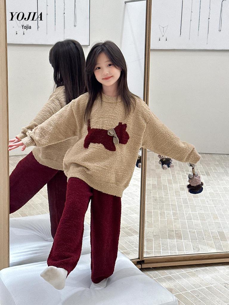 YOJIA Winter 2025 Fleece-Lined Girls' Pajama Set - Warm and Stylish Children's Loungewear