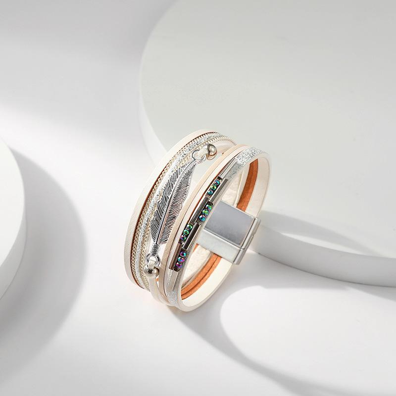 Bohemian Style Multi-layer PU Leather Bracelet Women's Leaf Magnet Buckle Jewelry Accessories