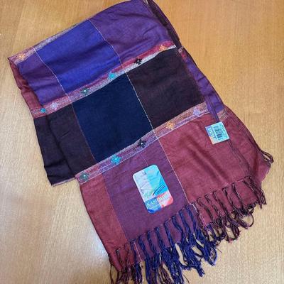 Used Cashmere, Made In India, Large Stole, Purple, Red, Black, Patchwork, Embroidery