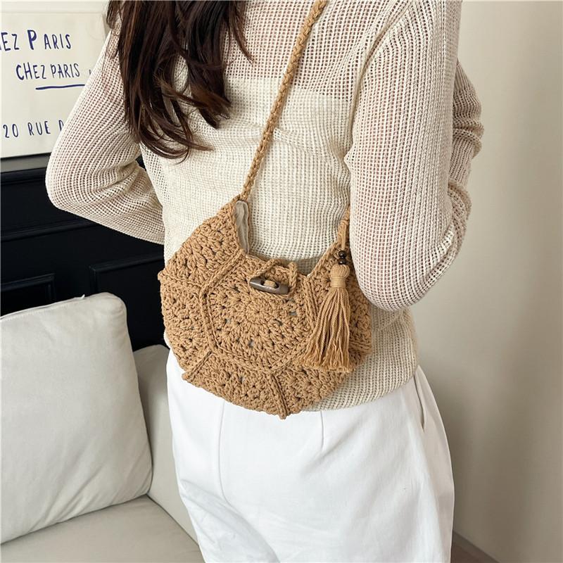 Hand Knitted Bag Women's Lightweight French Artistic Handbag Bucket Woven Shoulder Bag Semicircle Handheld Bag KTB