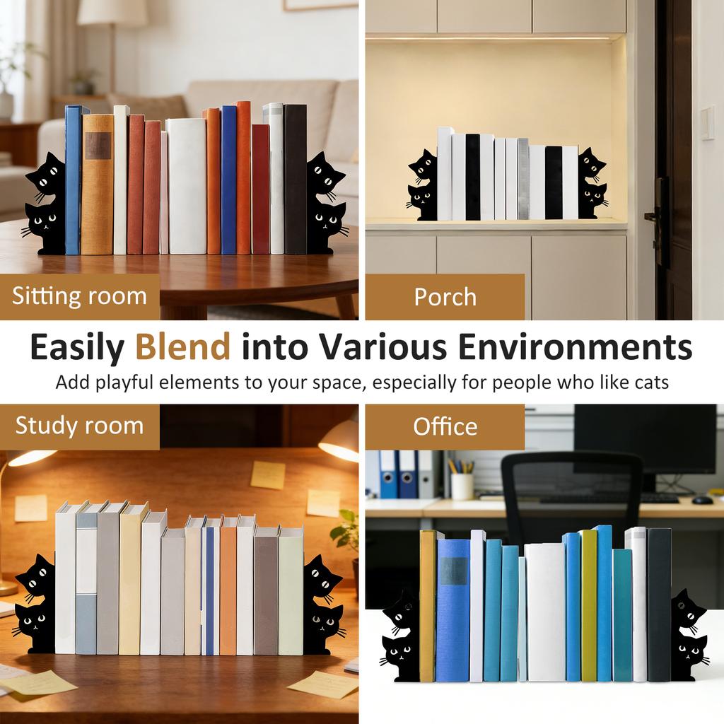 2 Pairs Desktop Peeping Cat Metal Bookends Set Cute Black Cat Book Holder Decorative Black Cat Book Ends for Bookshelf Office