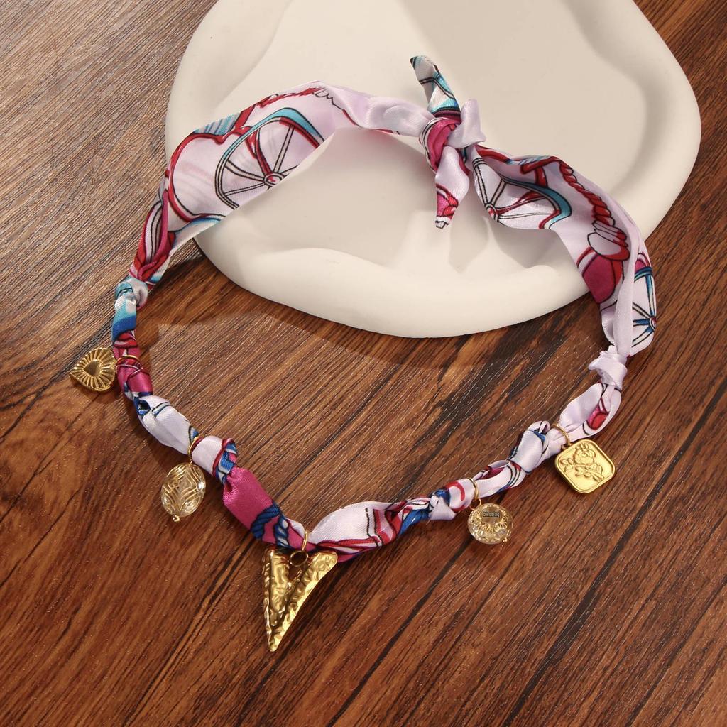 V-Shaped Color-Block Silk Scarf with Multi-Metal Pendant Necklace