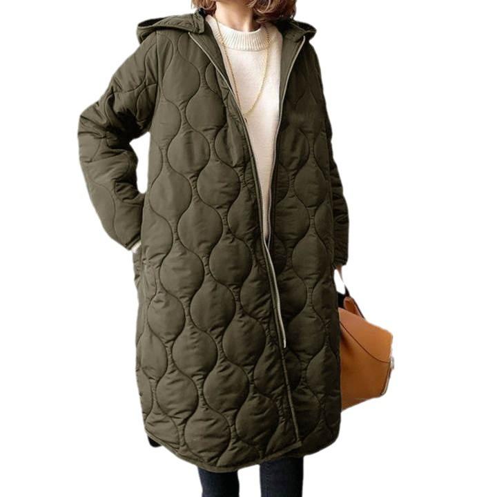 Dark Blue Long Hooded Puffer Jacket with Diamond Quilting