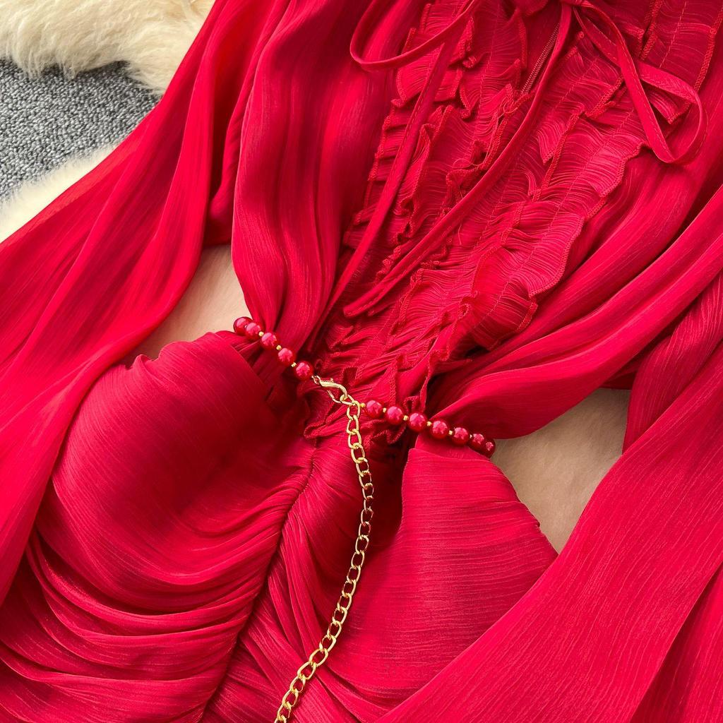 French Dress High-end Lace Splicing Waist Lantern Sleeve Ruffle Edge Long Dress Skirt
