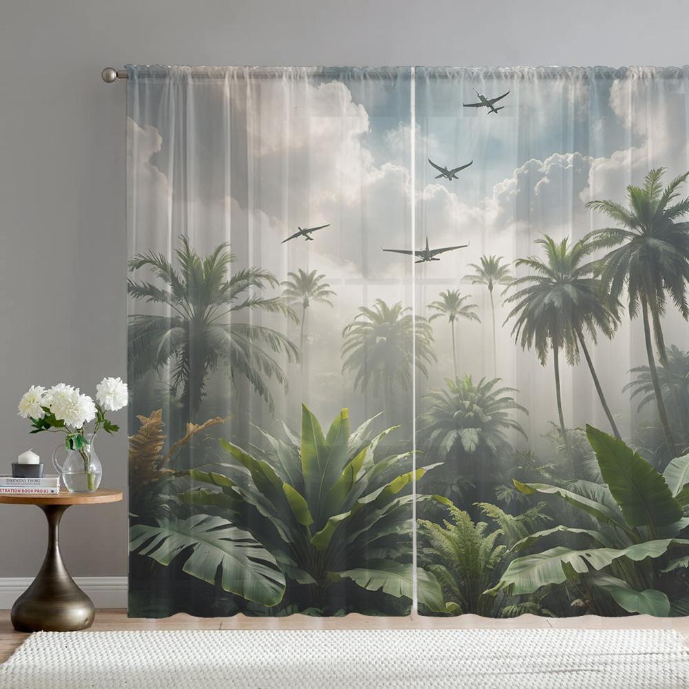 Tropical Rainforest Sheer Curtains Set of 2 – Palm Trees, Vintage Planes & Misty Sky Print, Rod Pocket Semi-Sheer Drapes 60×150