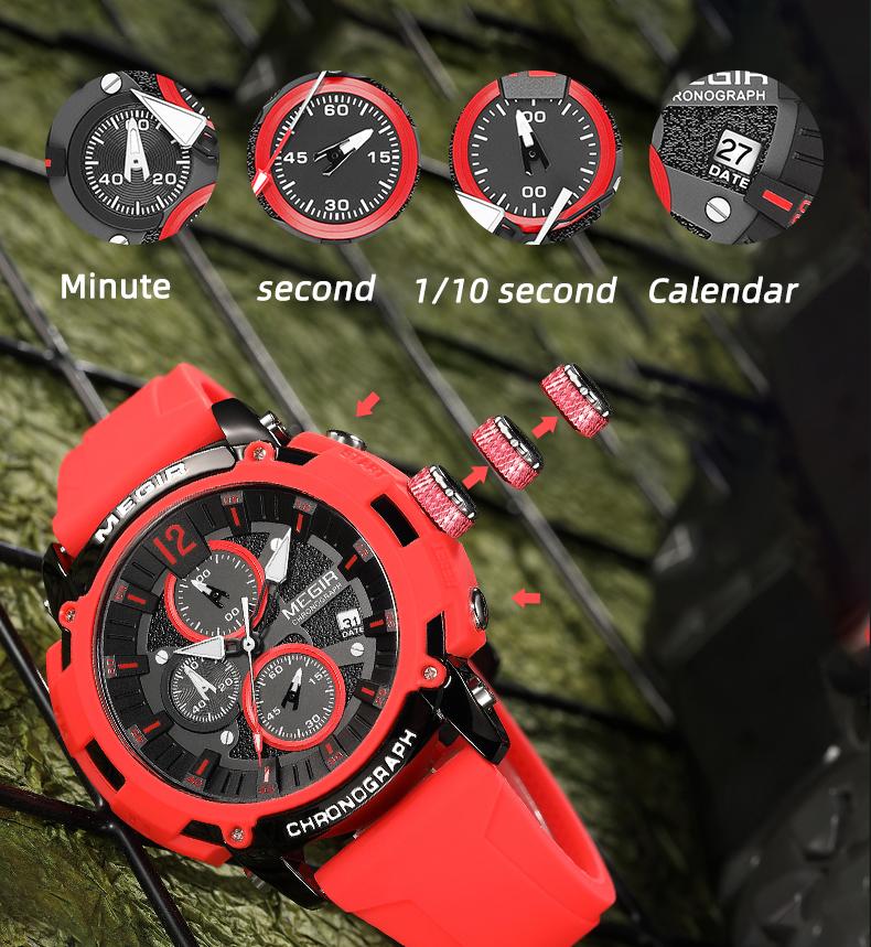 MEGIR Watches for Men Silicone Strap Quartz Chronograph Waterproof Luxury Military Sport Wristwatch Auto Date Reloj Hombre 2208