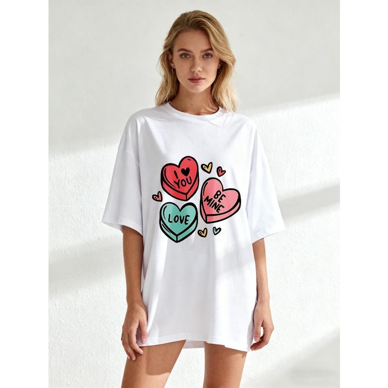 Black Oversized T-Shirt With Heart Candy Print I Love You Be Mine Valentine's Day Casual Wear For Women