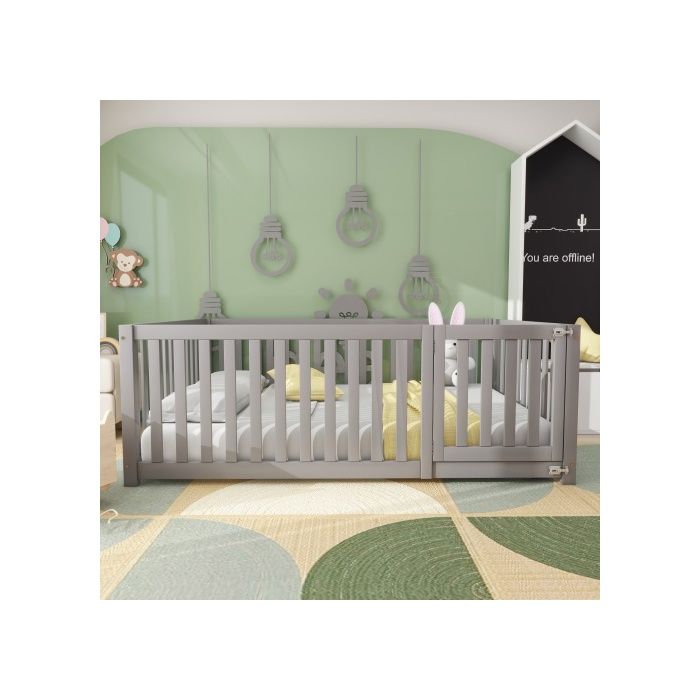 Lit d'enfant - MUVOE - 140x200 cm - Bois massif - Gris - Design avec clôture et porte