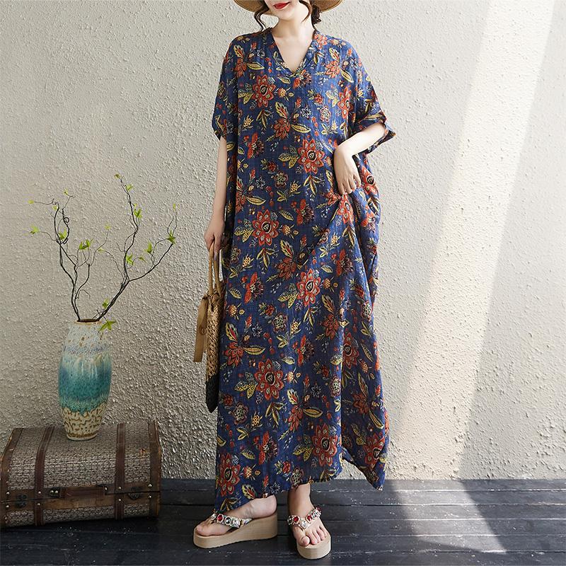 Dimanaf New 2025 Women Plus Size Floral Summer Dress Basic Casual Short Sleeve Dress Loose Vintage Beach Dress