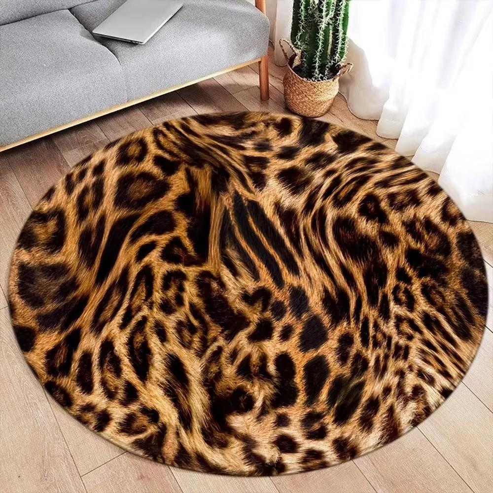 Brown Leopard Print Round Carpet Fashion Animal Fur Pattern Woman Girl Living Room Bedroom Flannel Floor Rugs Home Decorative