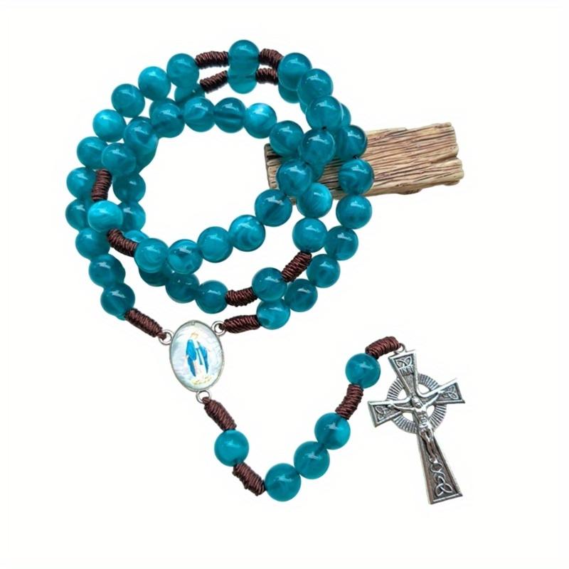 Prayer Beads Necklace Catholic Jewelry Blue Glass Beads Crucifix Charm