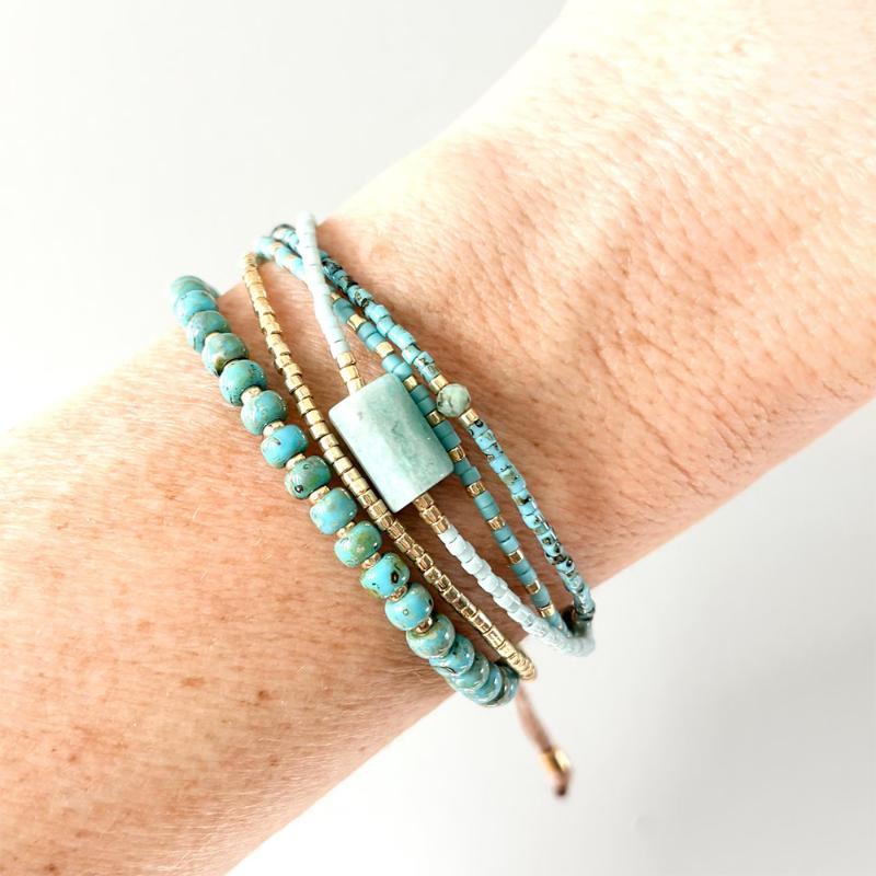 Natural Turquoise Beaded Layered Bracelet With Gold Accent Beads Adjustable For Daily Wear Vacation Gifts For Women