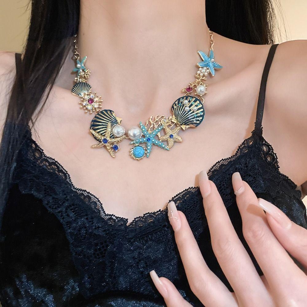 Exquisite Marine Style Nekclace Earrings Sweet Beach Jewelry Textured Starfish Shell Necklace  Gift