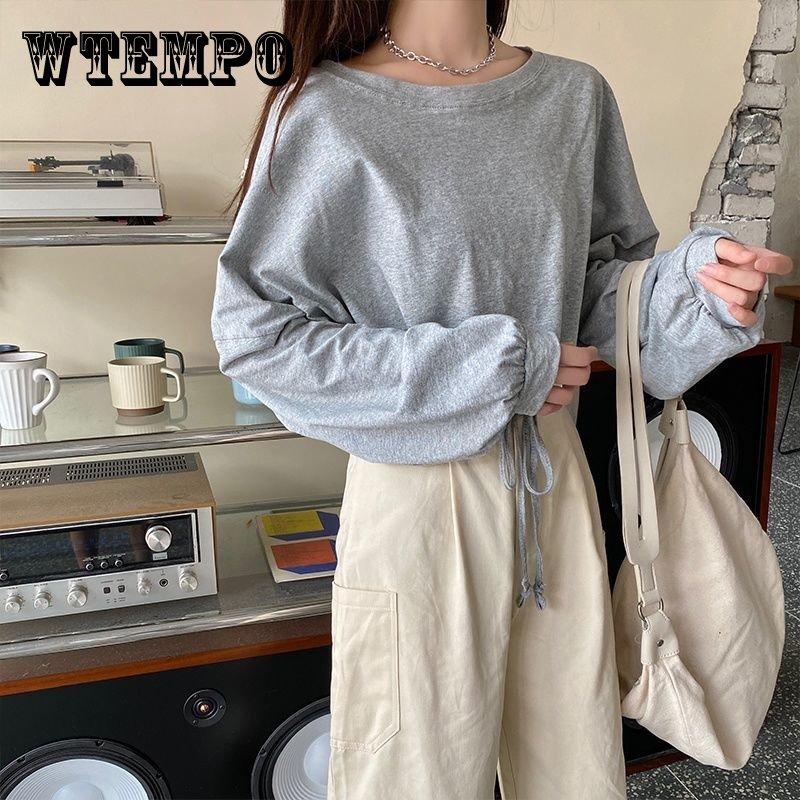 

Весна Осень Женщины Харадзюку Длинный рукав Бандаж O-Neck Футболки Повседневная футболка Femme Black Tops Пуловер