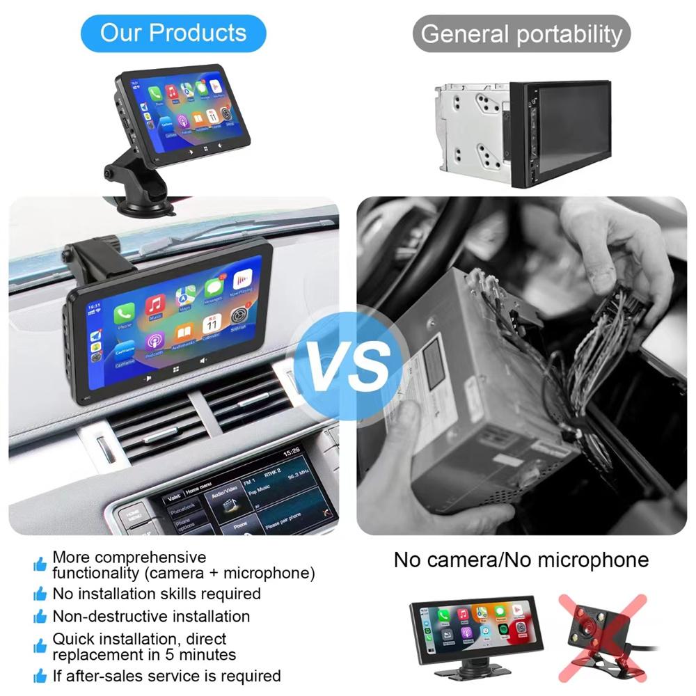 7" Portable Stereo Multimedia Player Support For Carplay w/Rear View Camera +Mic