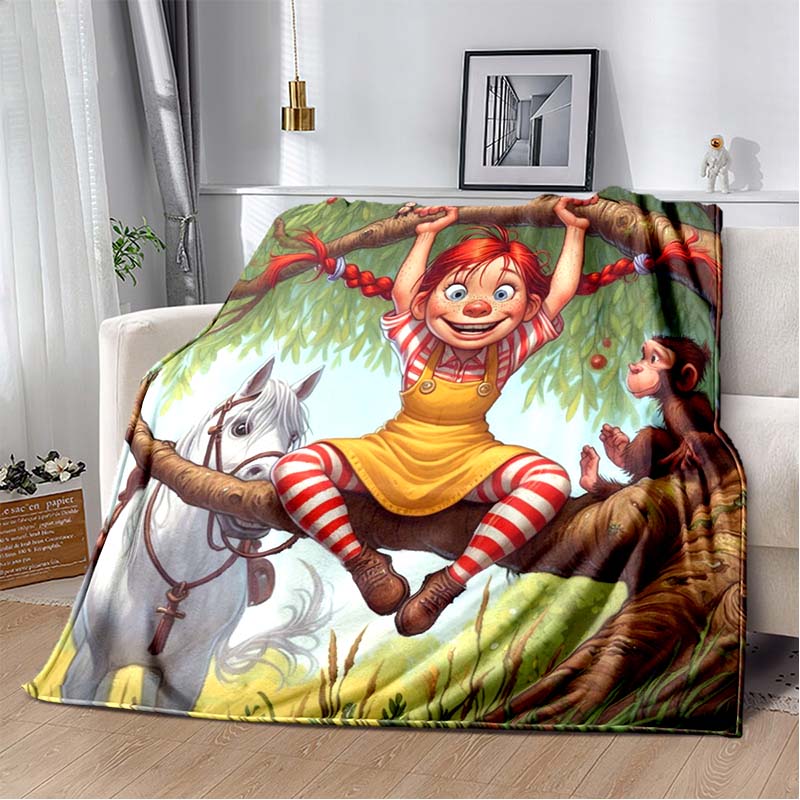 Pippi Langstrumpf Flanelldecke, Cartoon Pippi Schatztruhe Piratenschiff Druck Überwurfdecke, Weiche Leichte Decke für Sofa Bett Couch