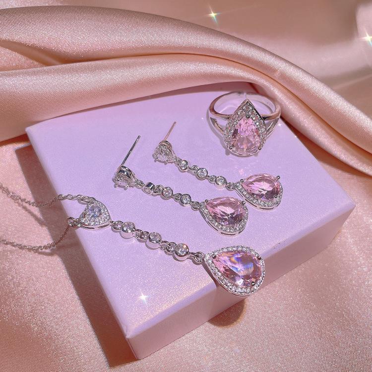 Pink Water Drop Necklace, Women'S Diamond Earrings, Simulation Set, Pendant, Feng Shui Drop Jewelry.