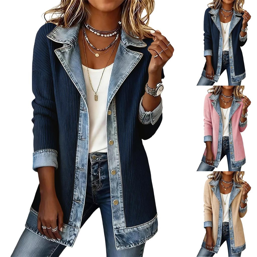 Jachetă tricotată patchwork din denim pentru femei, cu guler rever, pentru ținute casual