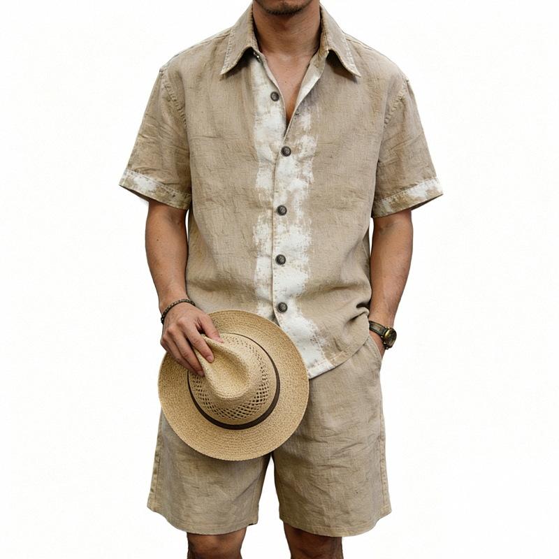 Men Brushstroke Print Lapel Short Sleeve Shirt & Drawstring Waist Shorts Two Piece Set